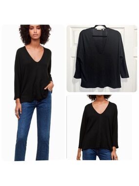 Aritzia Wilfred Free Aneta Black V-Neck 3/4 Sleeve Top Relaxed Fit Shirt Small